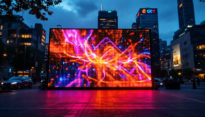 A photograph of a vibrant led display in an urban setting