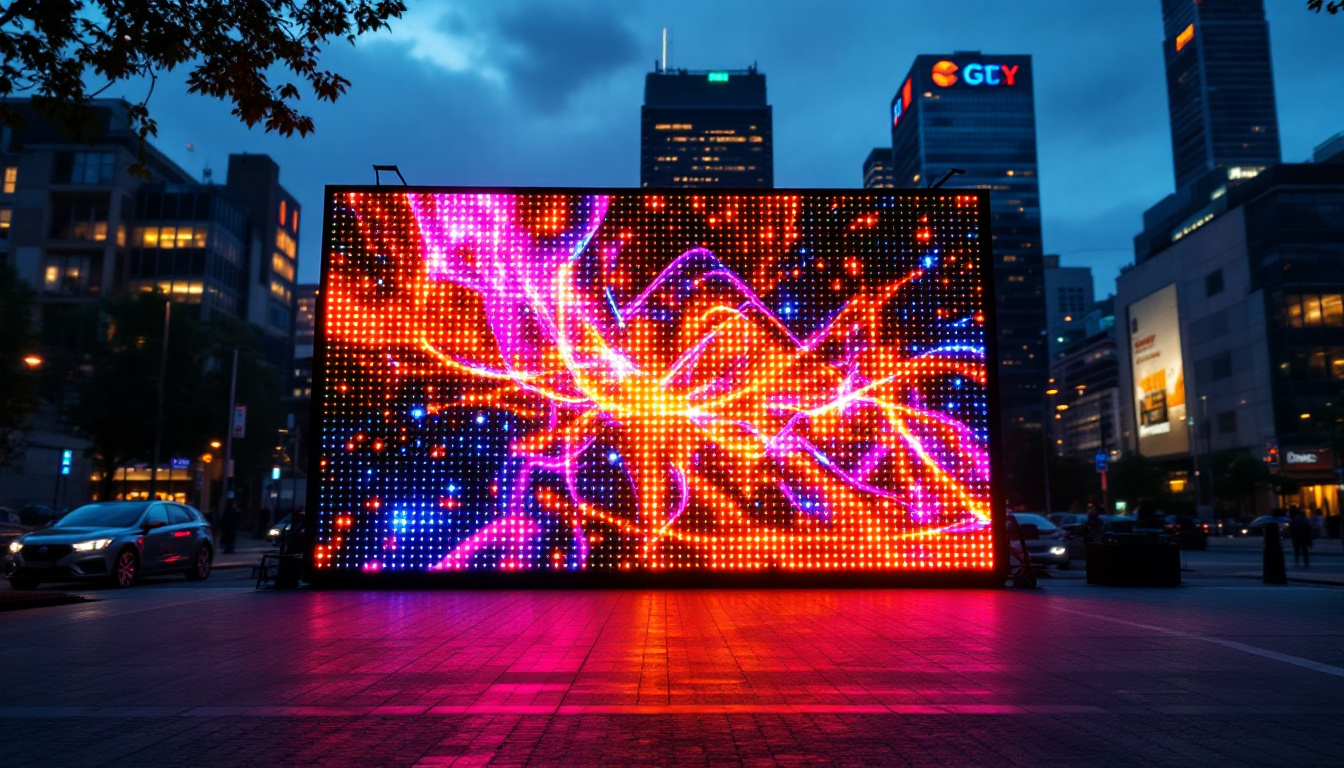 A photograph of a vibrant led display in an urban setting