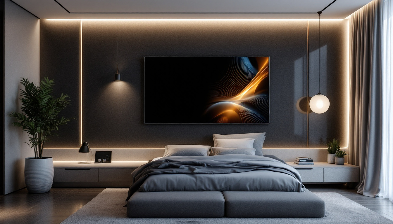 A photograph of a stylish bedroom featuring a modern led display integrated into the wall design