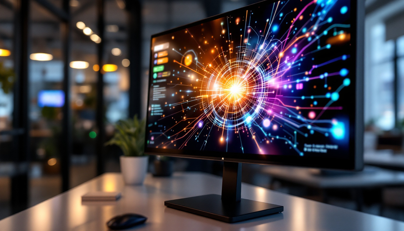 A photograph of a sleek commercial touch screen monitor displaying vibrant led visuals in a modern office or retail environment