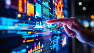 A photograph of a close-up shot of a vibrant led touch screen in action