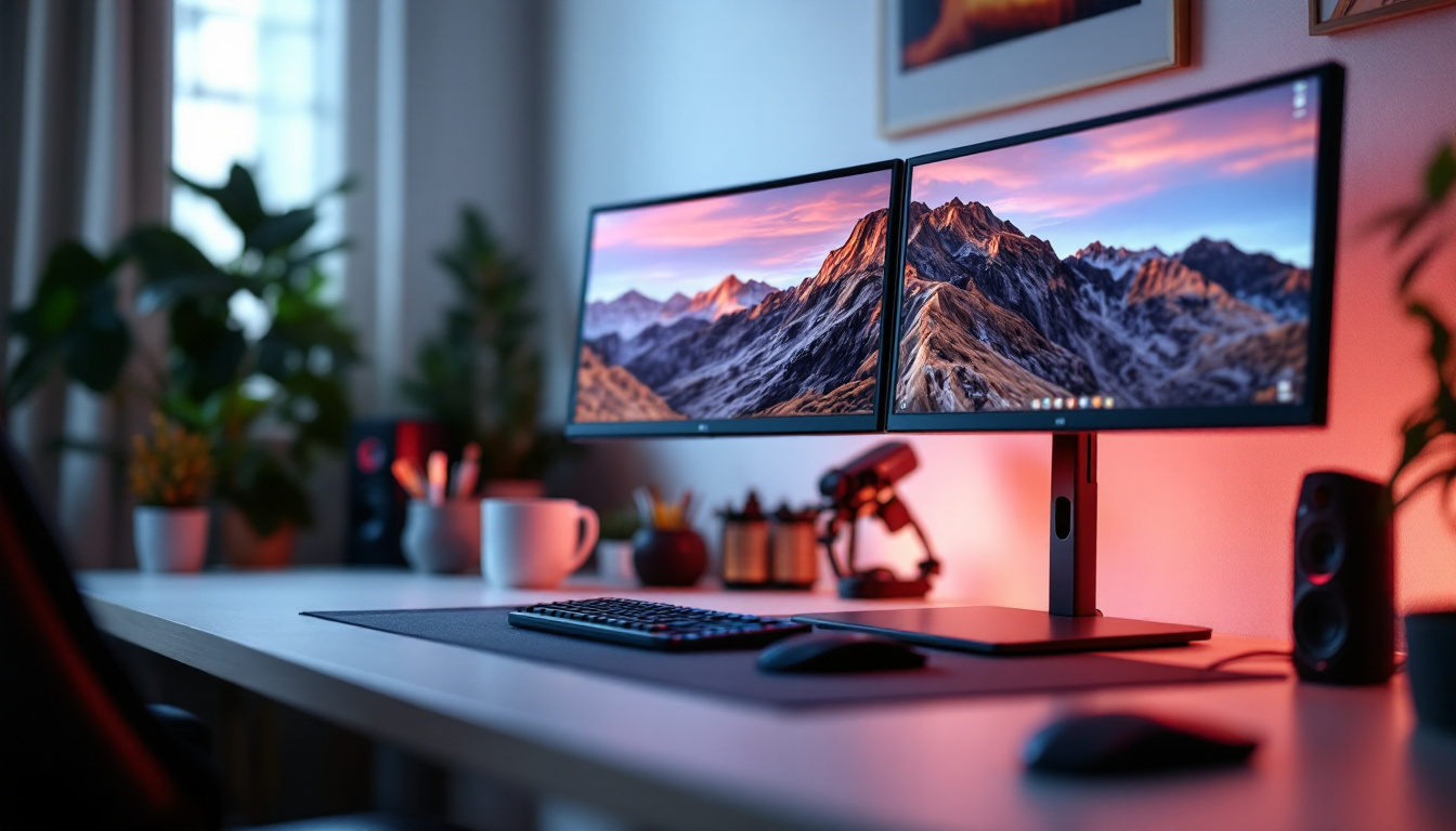 A photograph of a sleek dual monitor setup featuring led displays