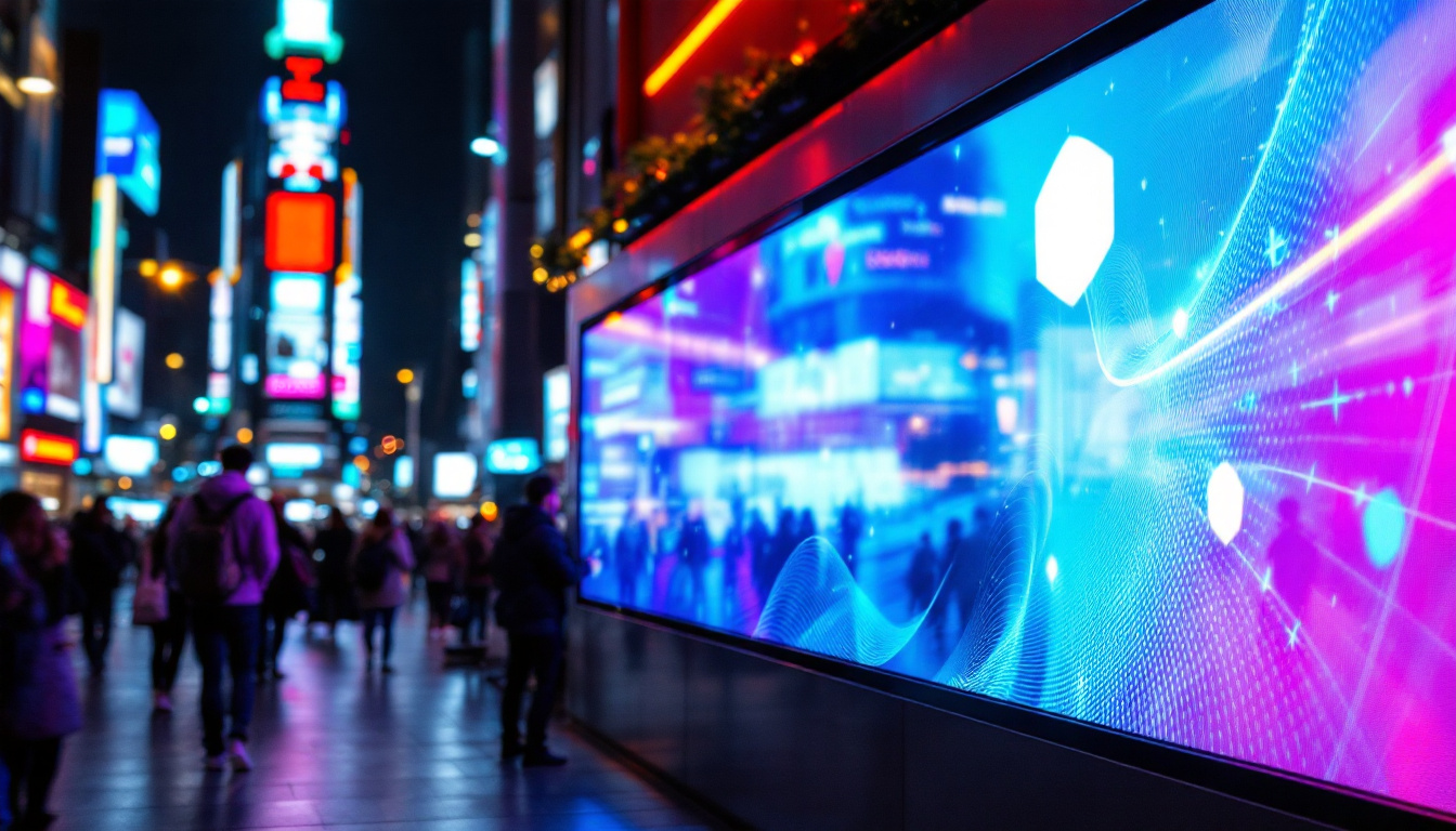 A photograph of a vibrant led display in a bustling urban environment