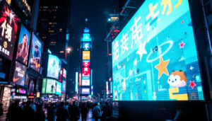 A photograph of a vibrant led display in a bustling urban setting at night