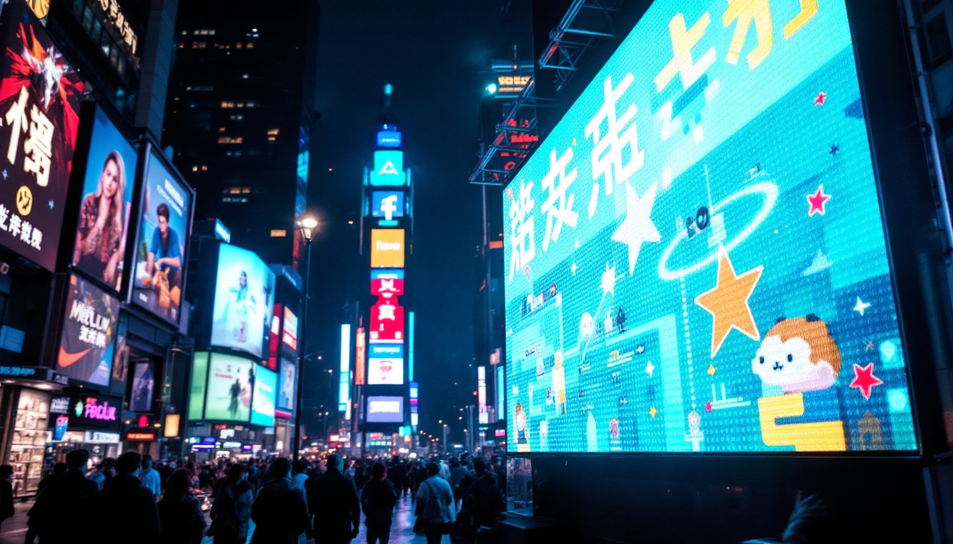 A photograph of a vibrant led display in a bustling urban setting at night