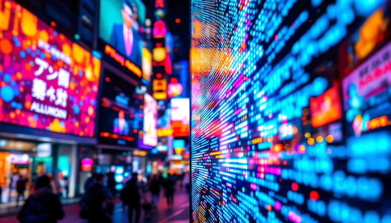 A photograph of a vibrant led display in a bustling urban environment