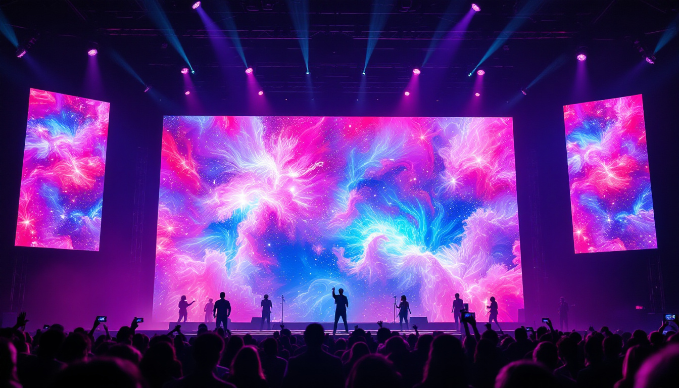 A photograph of a vibrant stage setup featuring a large led screen displaying dynamic visuals