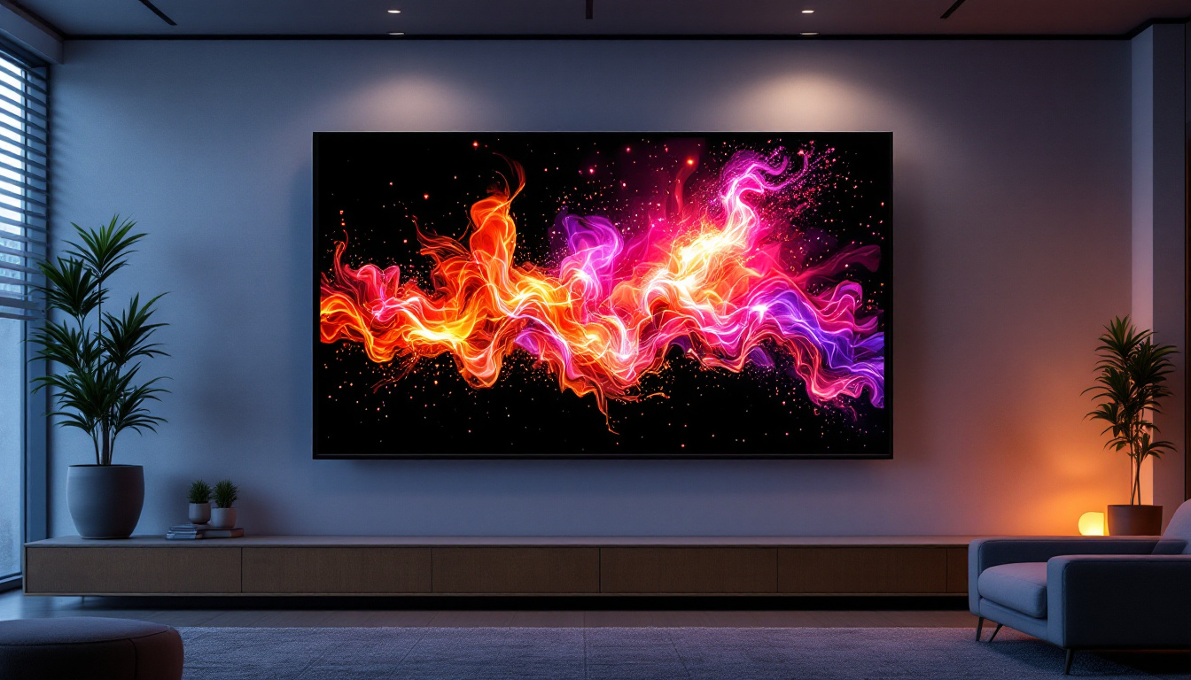 A photograph of a vibrant wall-mounted led screen displaying dynamic visuals in a modern setting