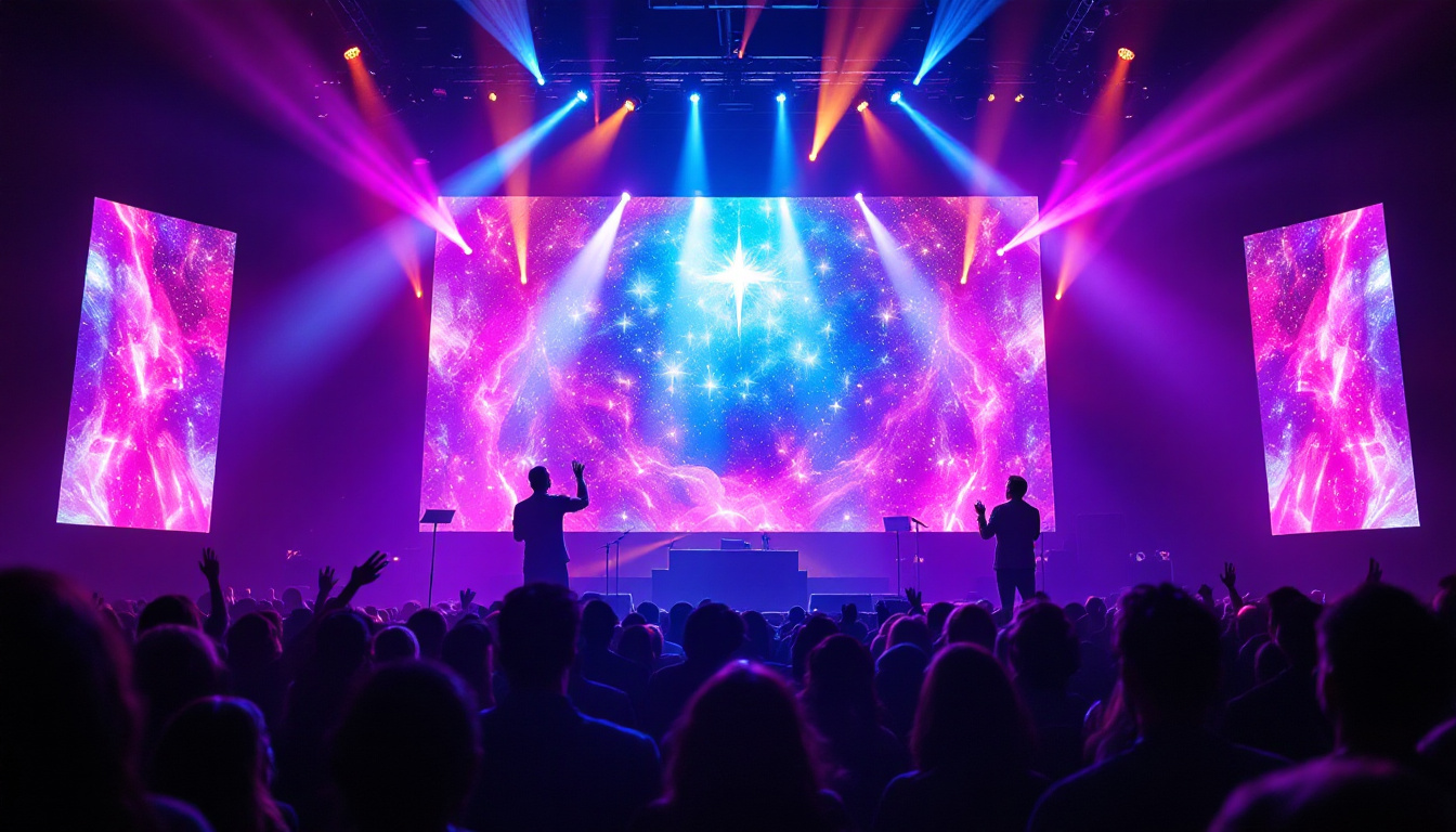 A photograph of a vibrant led display in a worship setting