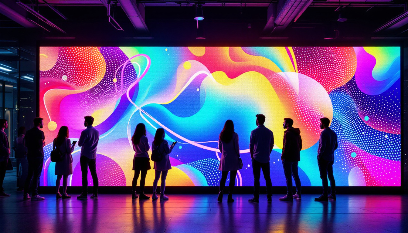 A photograph of capture a photograph of a vibrant led display wall in an engaging setting