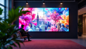 A photograph of a vibrant video wall displaying dynamic content in a modern setting