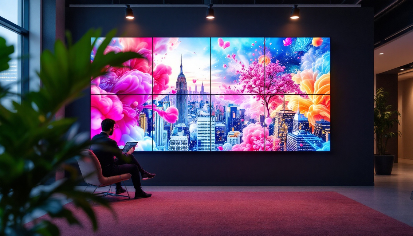 A photograph of a vibrant video wall displaying dynamic content in a modern setting