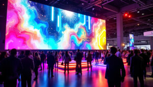 A photograph of capture a photograph of a vibrant led trade show booth bustling with attendees