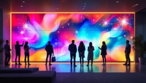 A photograph of a vibrant led panel wall in a modern setting