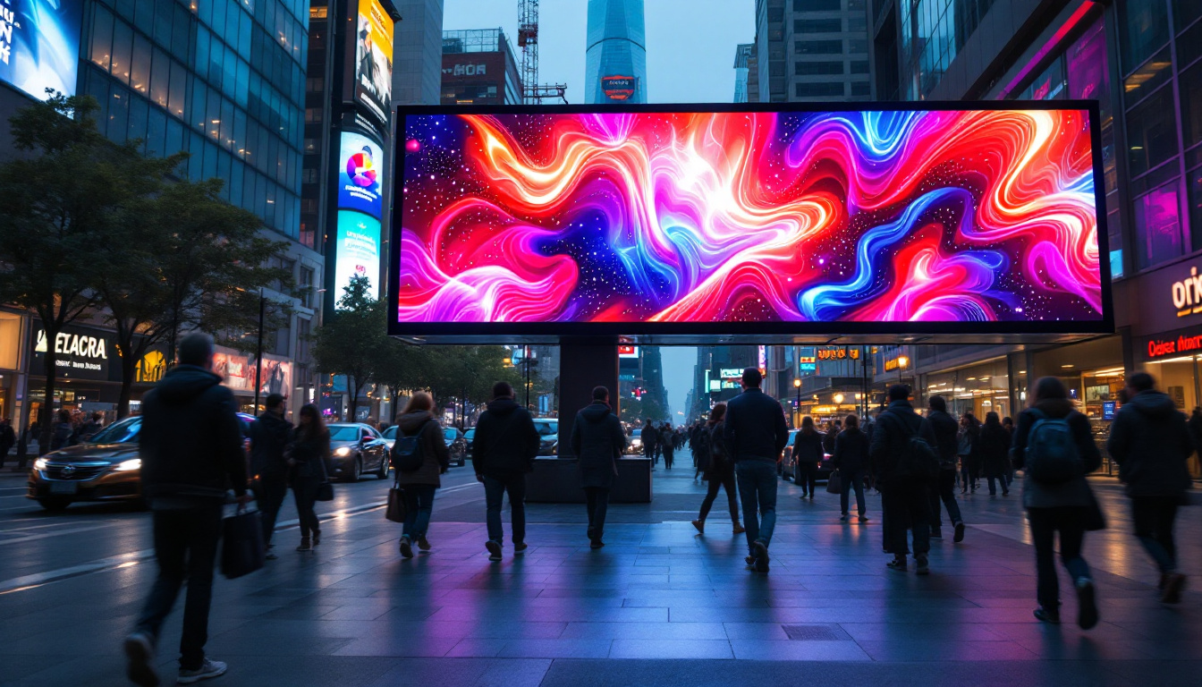 A photograph of a vibrant outdoor led display screen showcasing dynamic advertisements in a bustling urban environment
