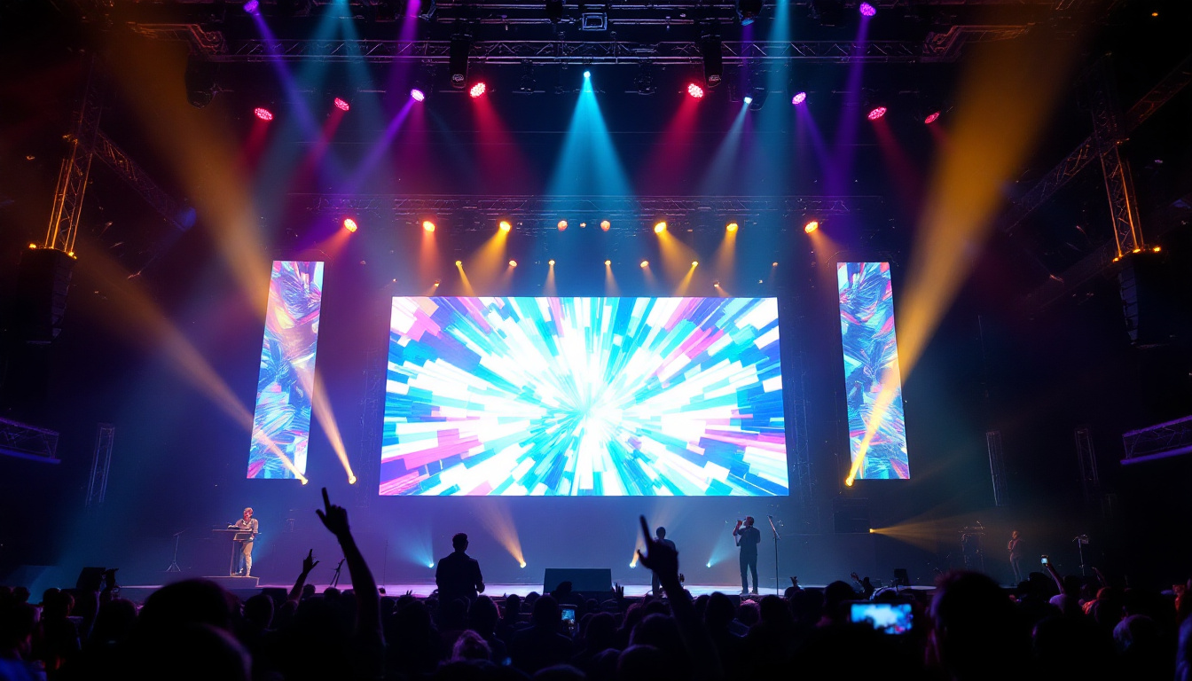 A photograph of a vibrant stage setup featuring a large led display in action