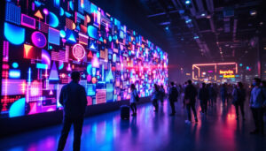 A photograph of a vibrant digital interactive wall featuring an array of colorful led displays in a dynamic environment
