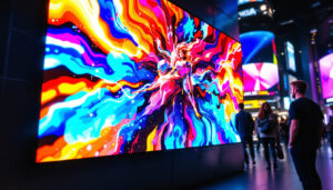 A photograph of a vibrant led display in a bustling commercial setting