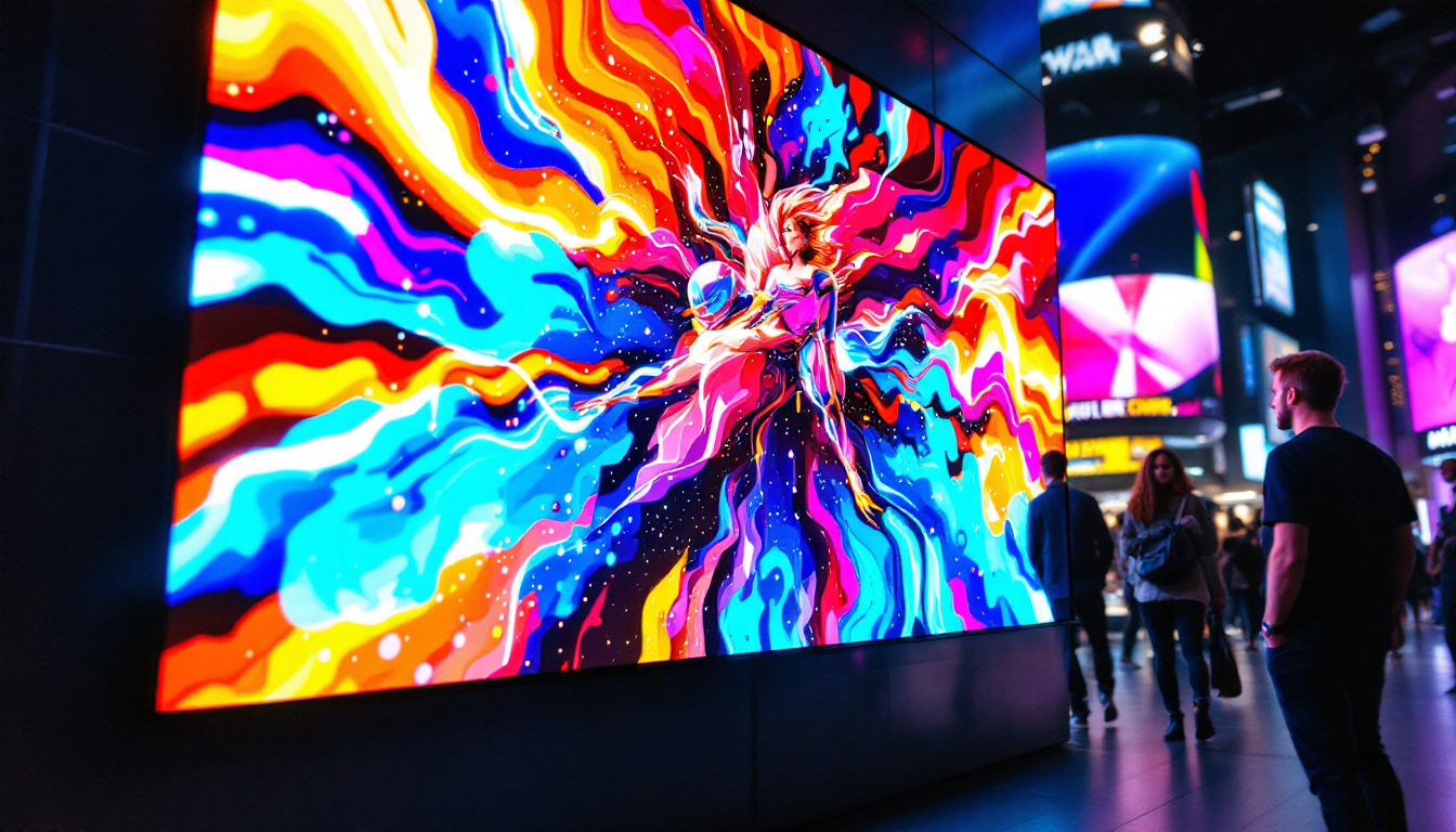 A photograph of a vibrant led display in a bustling commercial setting