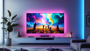 A photograph of a vibrant home video wall featuring a large led display