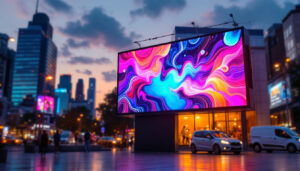 A photograph of a vibrant outdoor led screen displaying dynamic visuals in a lively urban setting