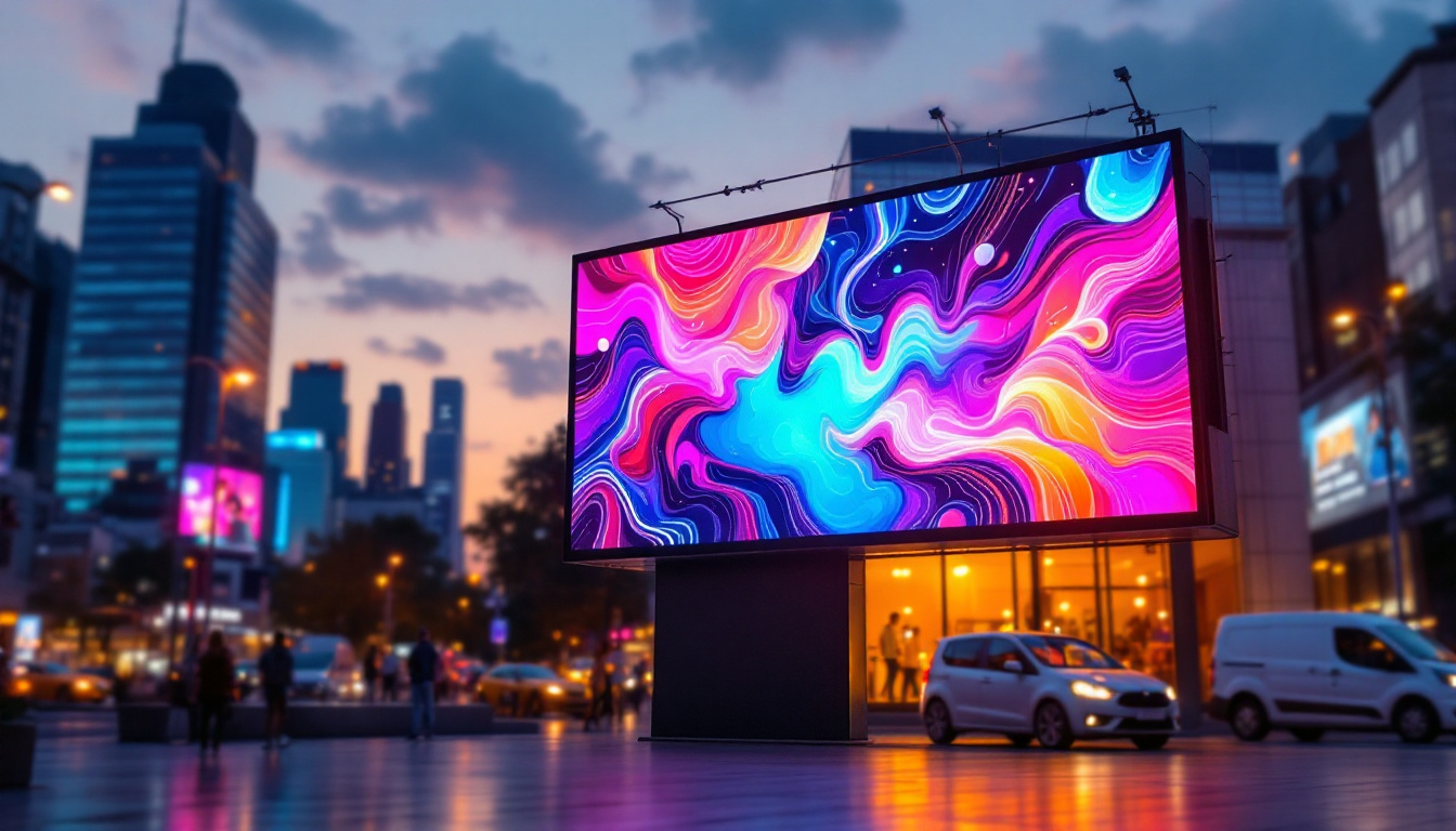 A photograph of a vibrant outdoor led screen displaying dynamic visuals in a lively urban setting