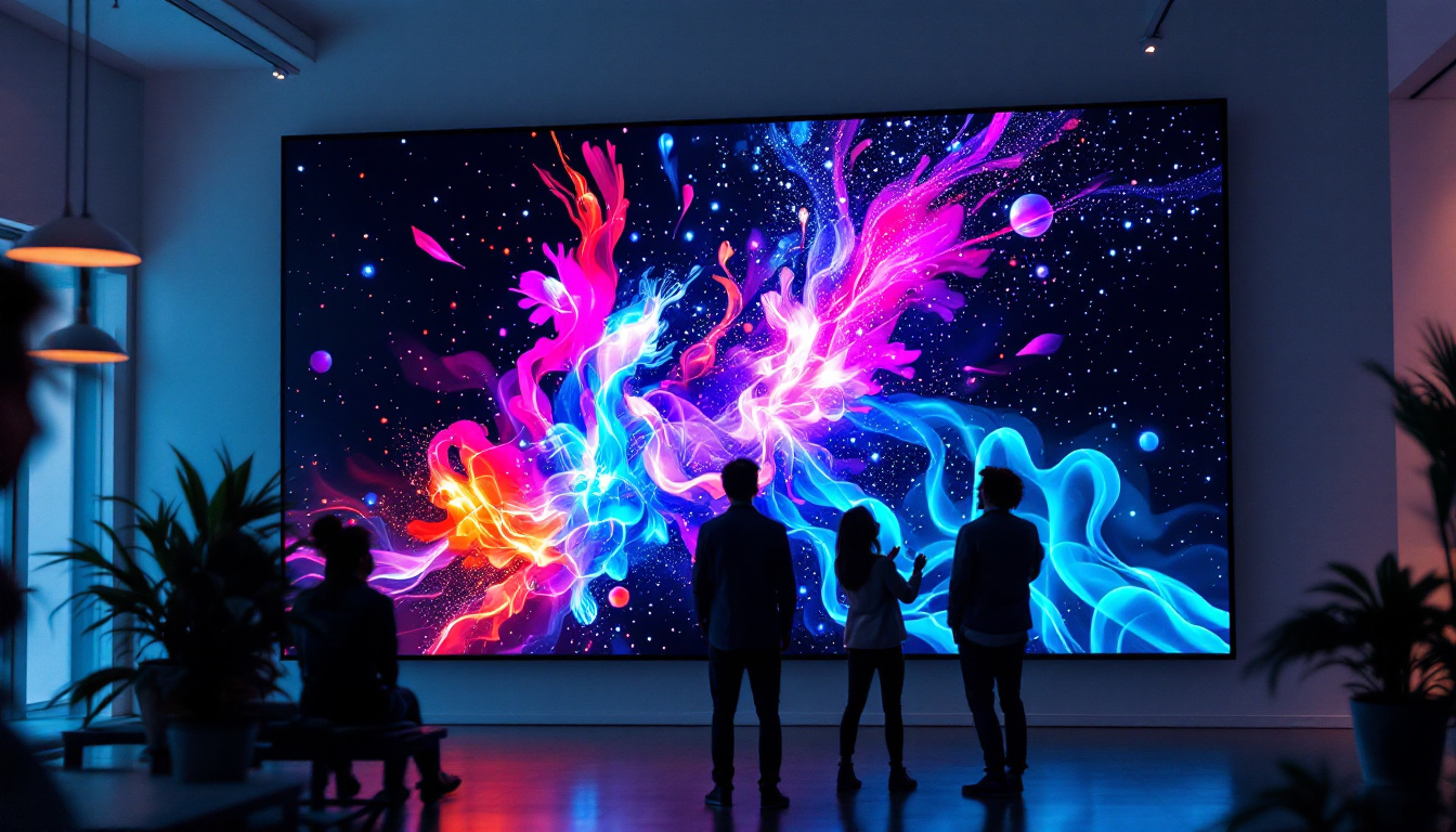 A photograph of a vibrant indoor led screen displaying dynamic content