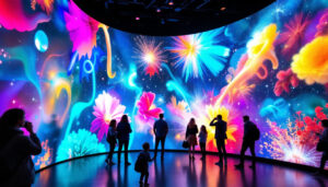 A photograph of capture a photograph of a vibrant curved led video wall in a dynamic setting