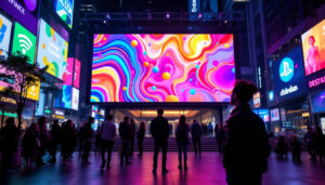 A photograph of a vibrant led display in an urban setting