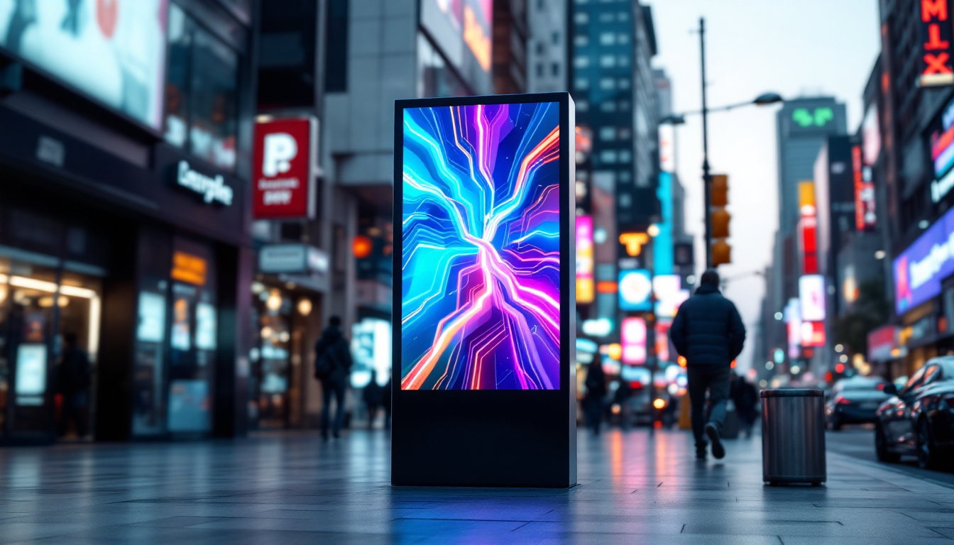 A photograph of a vibrant led poster screen in a dynamic urban setting