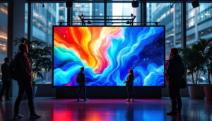 A photograph of a vibrant 8-foot led display in a dynamic setting