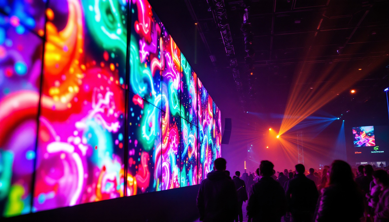 A photograph of a vibrant led wall in action at a lively event