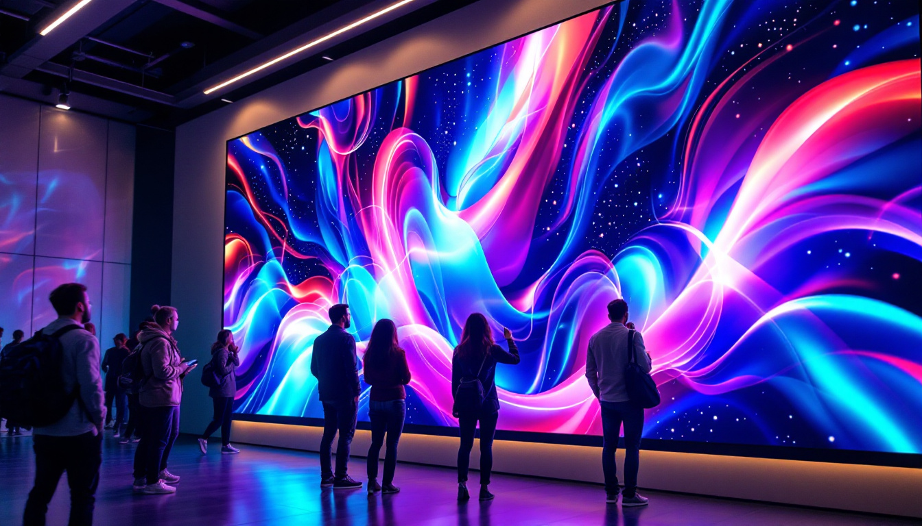 A photograph of a vibrant wall video screen displaying dynamic led visuals in a modern setting