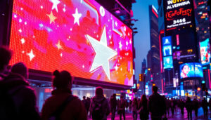 A photograph of a vibrant led advertising screen in a bustling urban environment