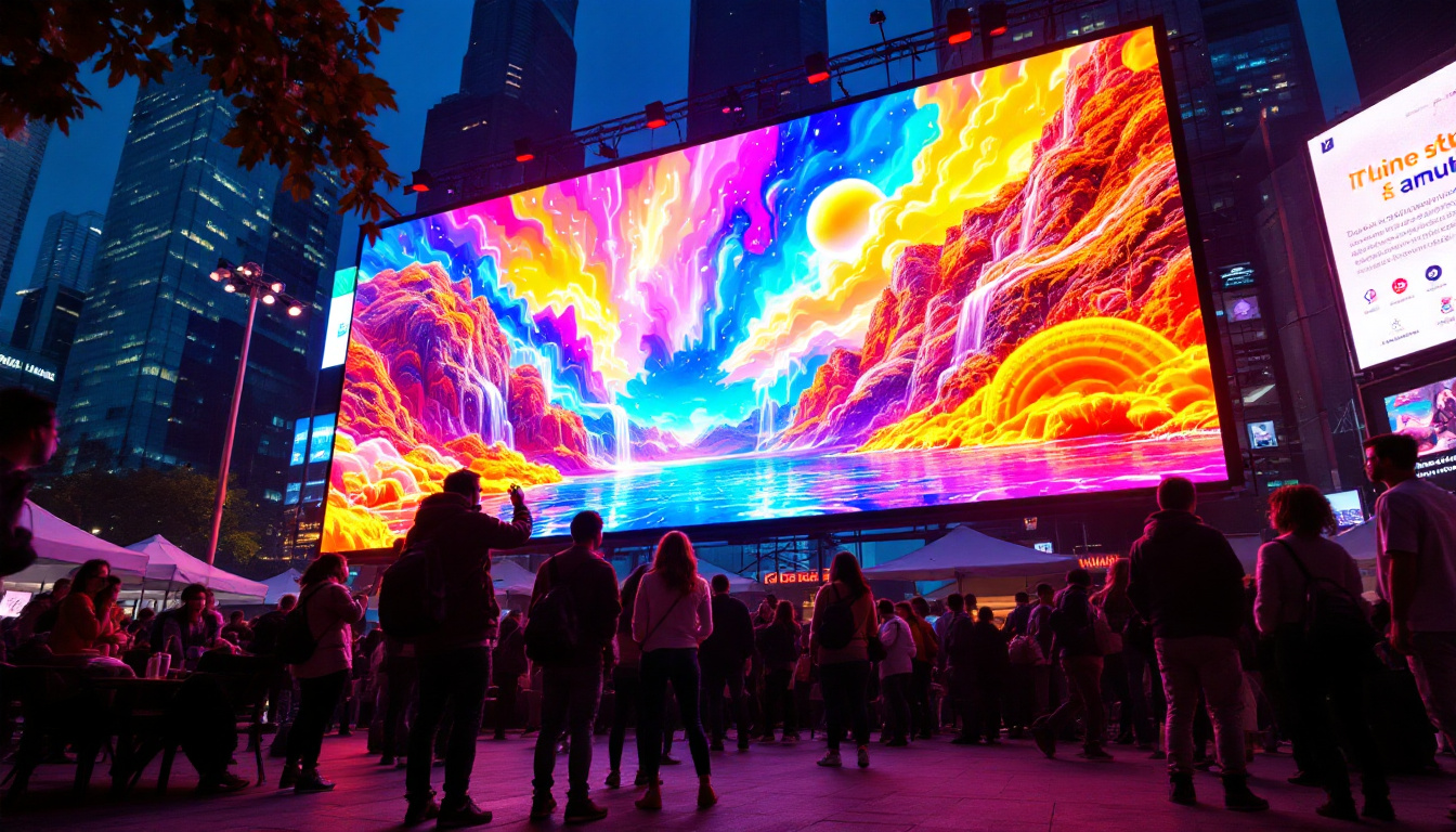 A photograph of a vibrant outdoor setting featuring a large led display screen in use