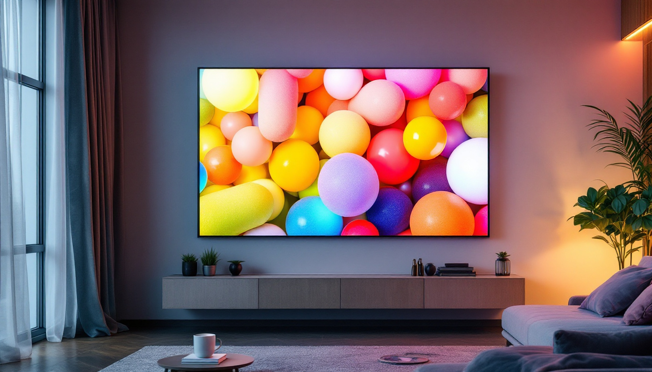 A photograph of a modern living space featuring a large led film screen mounted on the wall