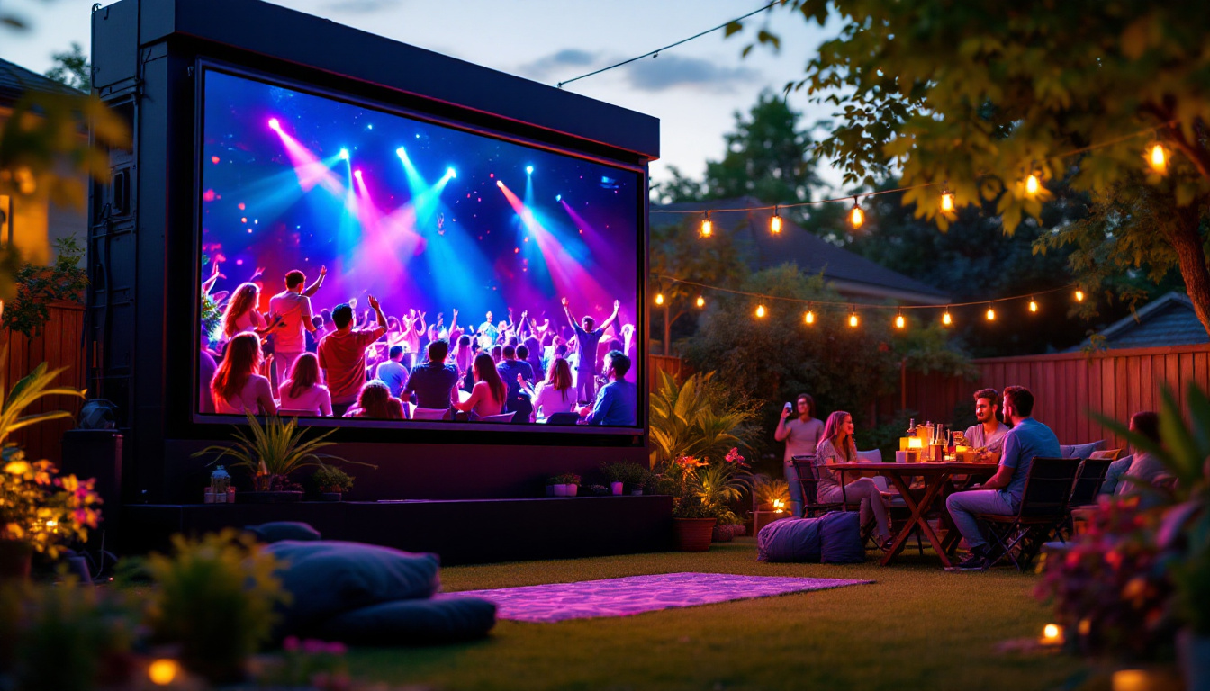 A photograph of a vibrant backyard scene featuring a large led display screen showcasing a lively outdoor gathering