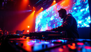 A photograph of a vibrant dj setup featuring a large led display in action