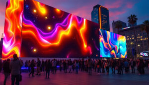 A photograph of a vibrant led video wall installation in an urban los angeles setting