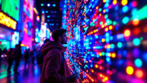 A photograph of a vibrant led display in a dynamic setting