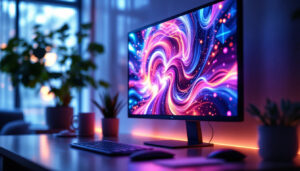 A photograph of a vibrant led display monitor showcasing dynamic visuals