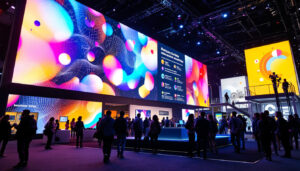 A photograph of a vibrant tradeshow booth featuring an eye-catching led display