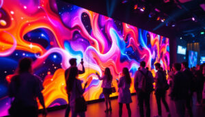 A photograph of a vibrant and dynamic led video wall in use at an event or venue
