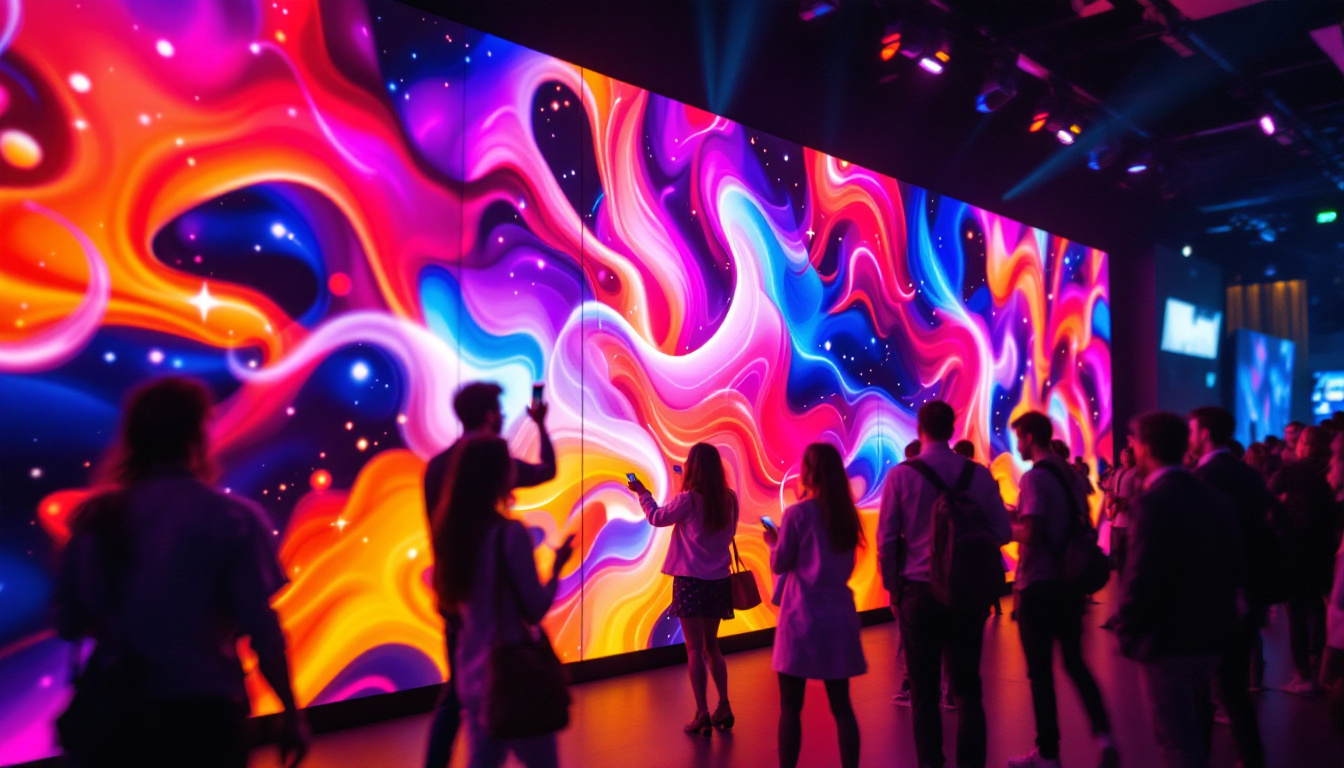A photograph of a vibrant and dynamic led video wall in use at an event or venue