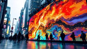 A photograph of capture a photograph of a vibrant led display in a dynamic urban setting