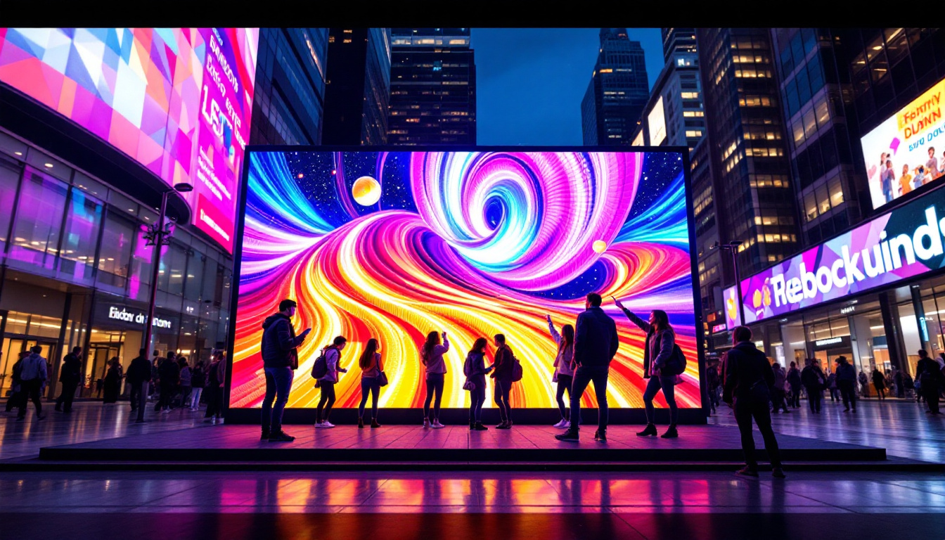 A photograph of a vibrant led display in a dynamic urban setting