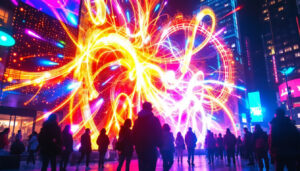 A photograph of a vibrant and dynamic led display in a bustling urban environment