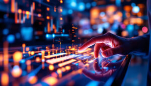 A photograph of a close-up shot of a vibrant led touch screen in use
