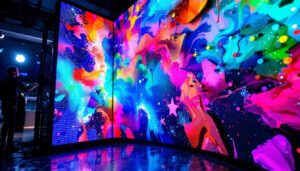 A photograph of a vibrant and dynamic led video wall in action