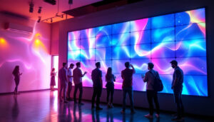 A photograph of a vibrant led wall panel in a dynamic setting